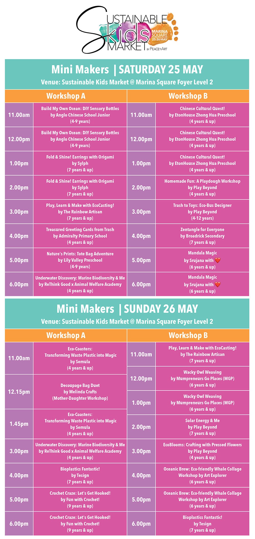 Mini Makers Workshop Schedule